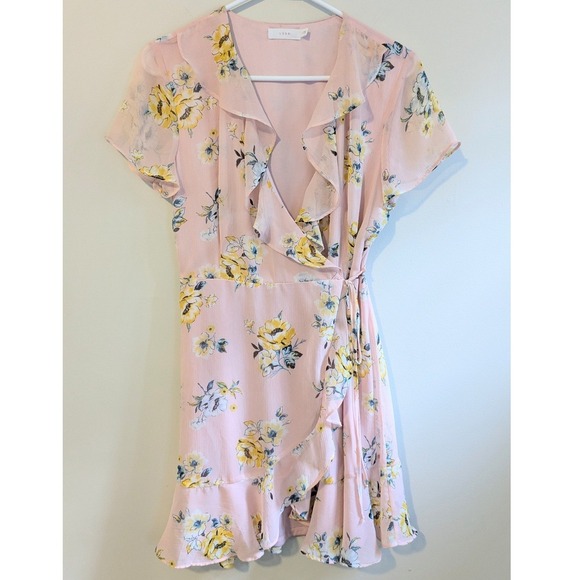 Lush Dresses & Skirts - Lush Floral Print Wrap Dress Women's Ruffle Trim Pink Yellow Short Sleeve Size S